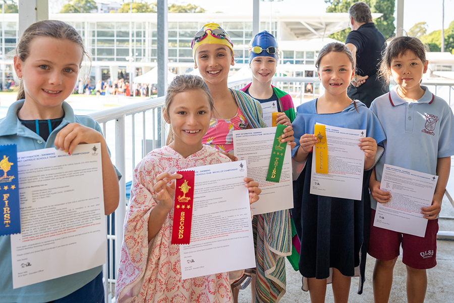Ribbon winners from SCS’ 2021 Archdiocesan Swimming Carnival