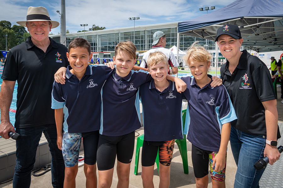 Participants with Tony Farley Executive Director and Jacqueline Frost Chief of Staff from SCS’ 2021 Archdiocesan Swimming Carnival