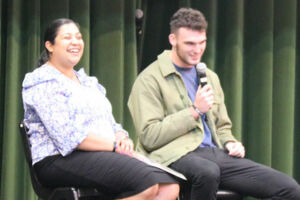 Aidan Dunne with Sydney Catholic Schools' education officer Cheryl Fernandez