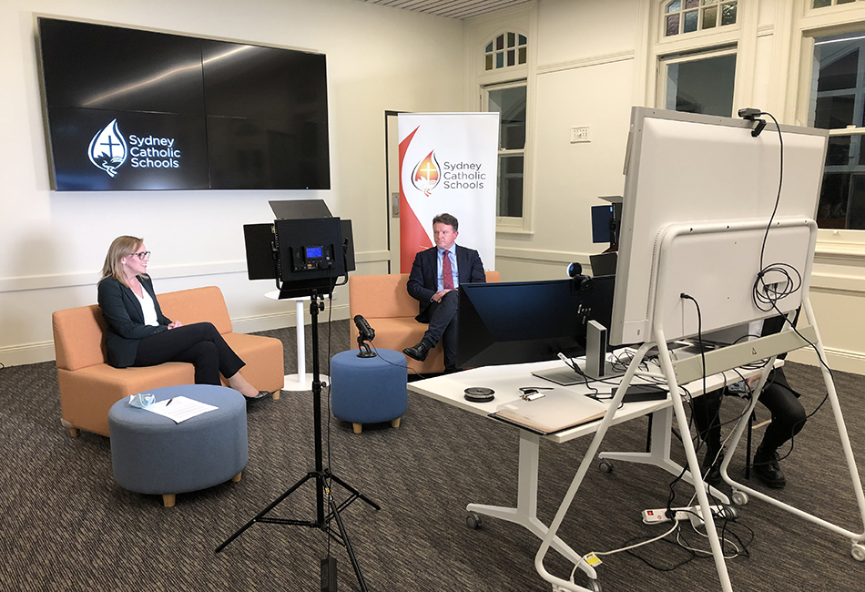 COVID-19 Facebook Live Q&A Sydney Catholic Schools' Chief of Staff, Dr Jacqueline Frost, and Executive Director, Tony Farley, interacting with parents during a Facebook Live COVID-19 Q&A