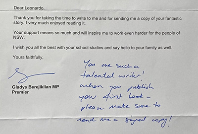 Handwritten note from Gladys Berejiklian