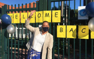 Nicole Jones, McAuley Catholic primary school principal welcoming students back to school.