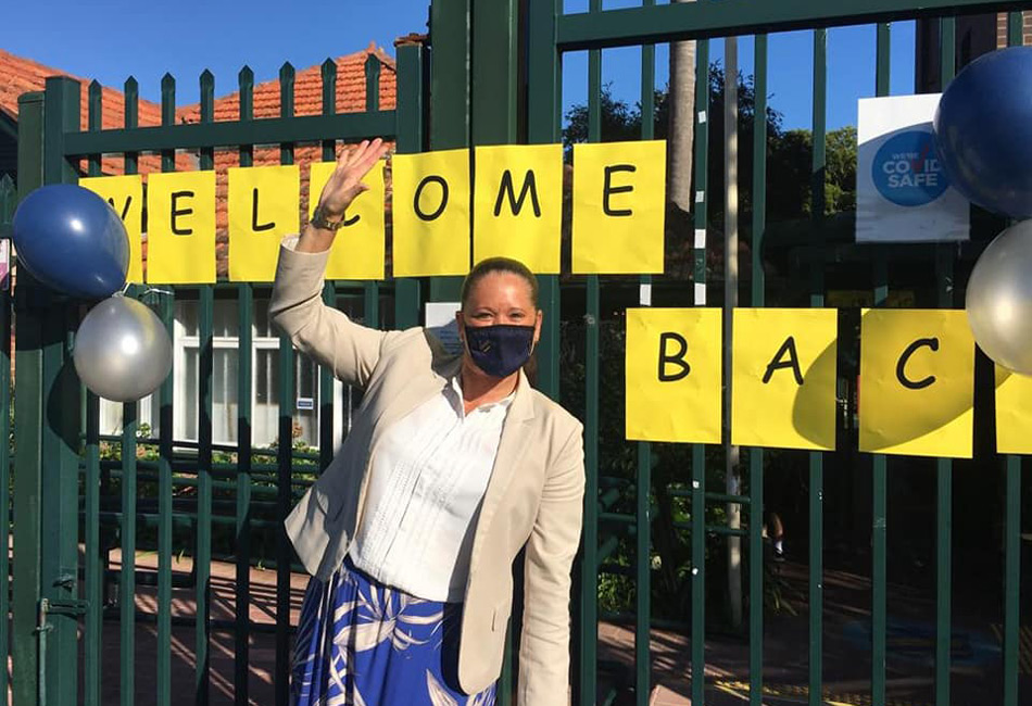 Nicole Jones, McAuley Catholic primary school principal welcoming students back to school.