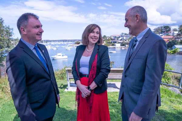 Sydney Catholic Schools' principals Peter Buxton (left), Leonie Pearce and Stephen Mahoney at Gunnamatta Bay, NSW