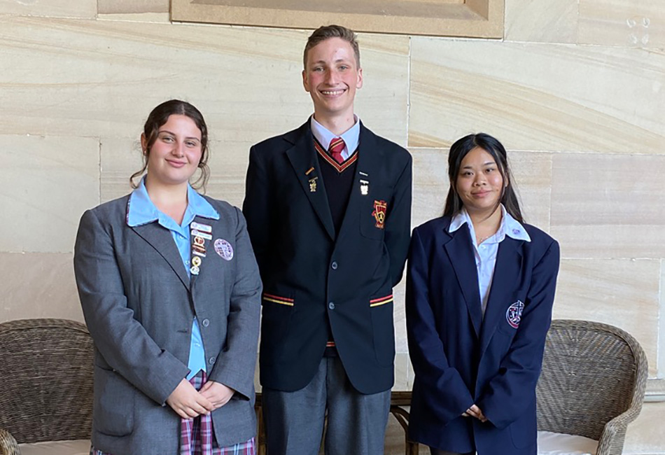 Youth Community Service Award Sydney Catholic Schools' 2023 NSW Youth Community Service Award recipients Asteer Salem, Archie Kingham, and Erica Chau.