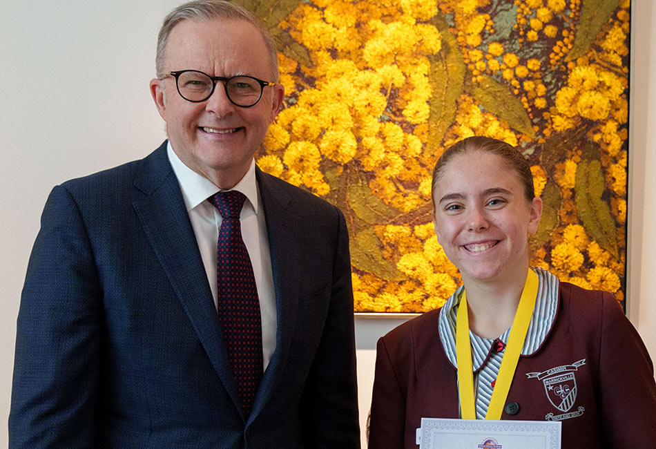 2023 National History Challenge Award recipient Olivia Tsigaropoulos with Australian Prime Minister Anthony Albanese.