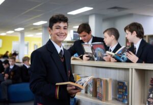 Student reading a book in the school library.
