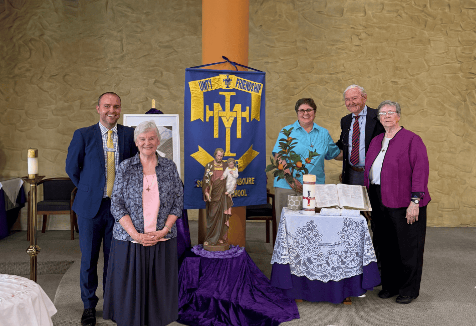 Patrick Morrison, Principal of St Catherine Labouré Gymea with The Sisters of St Joseph of orange during their visit to his school Photo showing Patrick Morrison, Principal of St Catherine Labouré Gymea with The Sisters of St Joseph of orange during their visit to his school