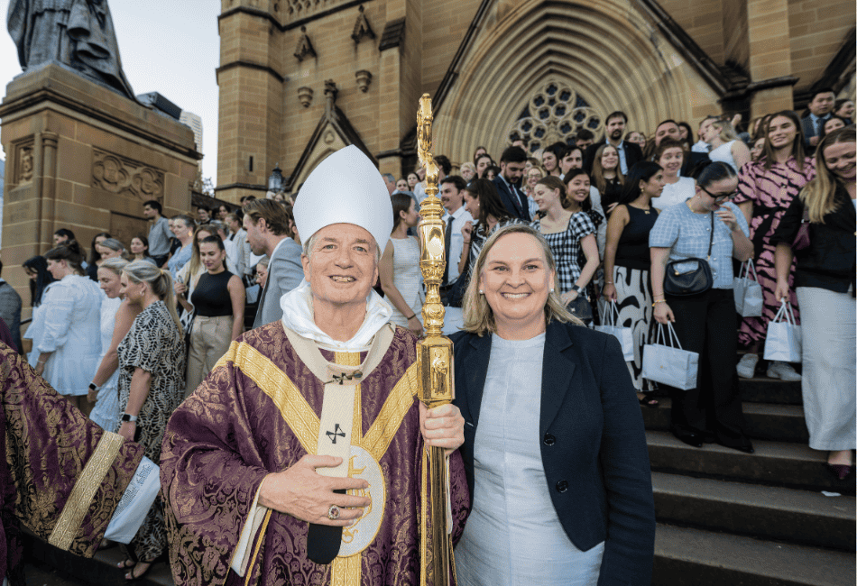 Archbishop Anthony Fisher and Danielle Cronin, Executive Director of Sydney Catholic Schools on the steps of St Mary’s Cathedral Photo showing Archbishop Anthony Fisher and Danielle Cronin, Executive Director of Sydney Catholic Schools on the steps of St Mary's Cathedral