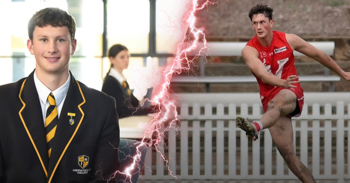 Two photos put together showing Nate in his school uniform and then kicking goals on the field
