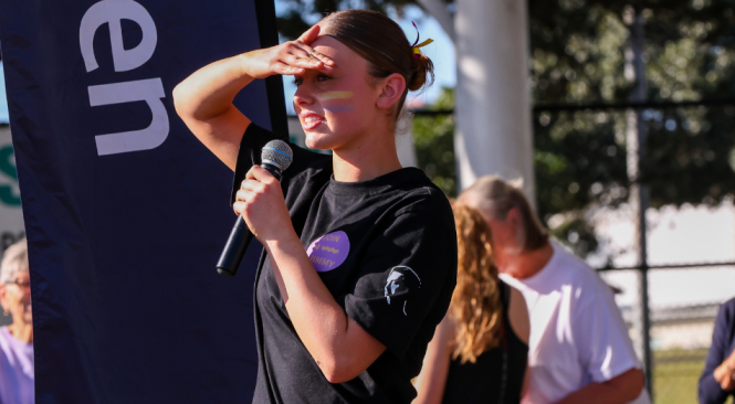 A photo showing Indiana raising funds for Join4Jimmy, the community initiative she founded after losing her dad to cancer at 14.