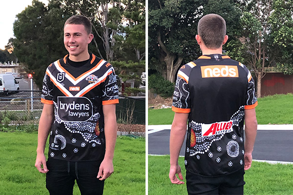Billy Reynolds designed West Tigers Jersey for indigenous round- Front and Back view
