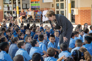 Governor of NSW Margaret Beazley talking with Holy Spirit Carnes Hill students