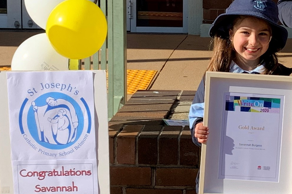WriteOn 2020 winner Savannah with her writing awardfrom the NSW Education Standards Authority.
