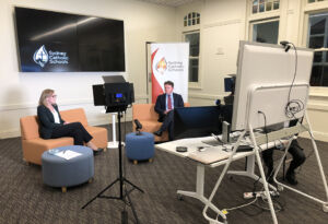 Sydney Catholic Schools' Chief of Staff, Dr Jacqueline Frost, and Executive Director, Tony Farley, interacting with parents during a Facebook Live COVID-19 Q&A