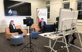 Sydney Catholic Schools' Chief of Staff, Dr Jacqueline Frost, and Executive Director, Tony Farley, interacting with parents during a Facebook Live COVID-19 Q&A