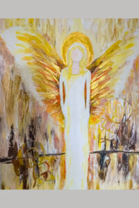 Digby E. Christmas Art Story angel painting in yellow