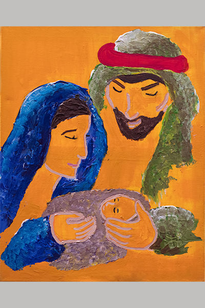 Ebony L. Christmas Art Story Holy family with orange background