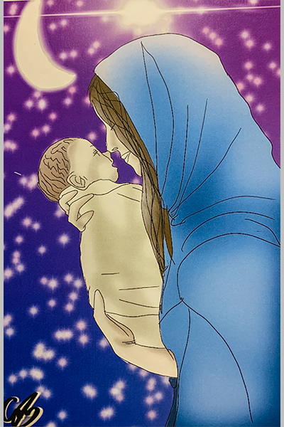 Charlie M. Christmas Art Story Virgin Mary with child and moon in the background