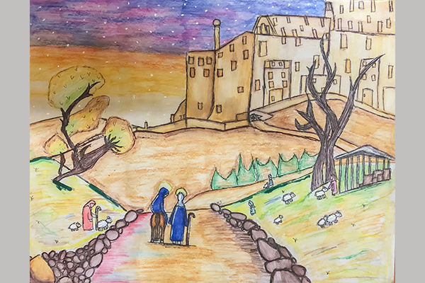 Sarina T. Christmas Art Story holy family journey to town
