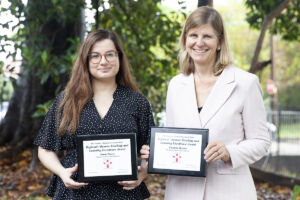 Emma Pracey and Charlotte Buxton with their Teachers' Guild awards for mathematics online learning.