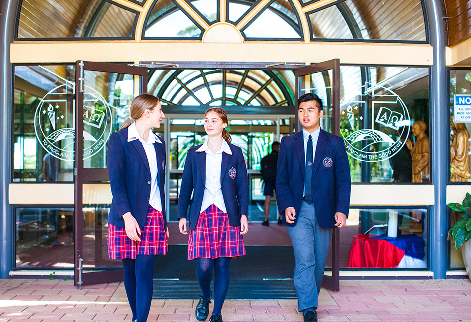 Students from Freeman Catholic College Bonnyrigg Heights outside their school