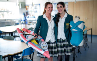 Brigidine College Year 12 students Ella Howard and Annabelle Mansour with their HSC Design and Technology major projects.