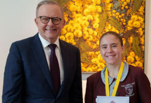 2023 National History Challenge Award recipient Olivia Tsigaropoulos with Australian Prime Minister Anthony Albanese.