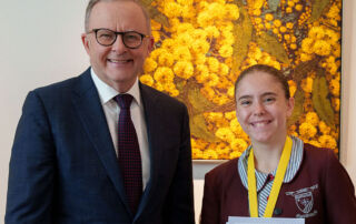 2023 National History Challenge Award recipient Olivia Tsigaropoulos with Australian Prime Minister Anthony Albanese.
