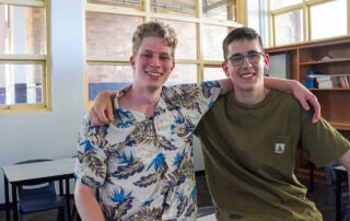 Marist College Kogarah Year 12 graduates Brendan Mabbutt and Luca Colarusso celebrate strong HSC results.
