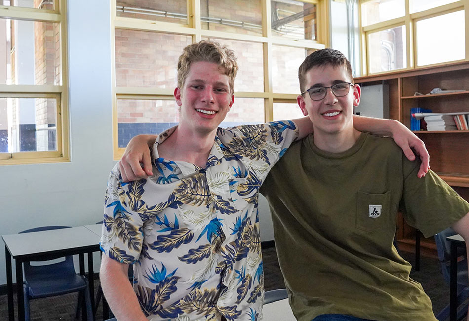 Marist College Kogarah Year 12 graduates Brendan Mabbutt and Luca Colarusso celebrate strong HSC results.