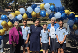 Photo showing students of Our Lady Star of the Sea Catholic Primary School Miranda with the visiting Sisters of St Joseph of Orange