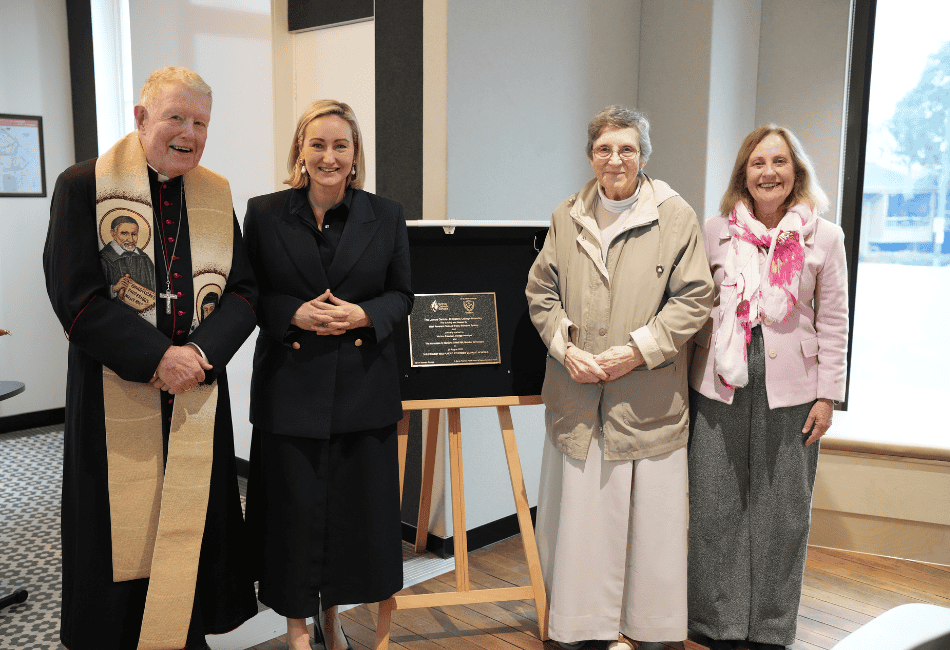 A photo of Bishop Brady, Sister Louise Hume (a former student and Principal of St Clare’s), Member for Coogee Dr Marjorie O'Neill MP, and Principal Ann Freeman unveiling a special plaque